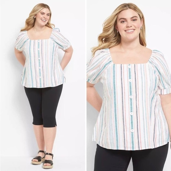 Lane Bryant Square-Neck Striped Top Linen Blend Coastal Beachy Plus Sz 24 - Picture 1 of 12